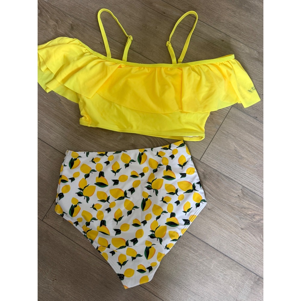XS Yellow Ruffle Off Shoulder Bikini Lemon Print High Waisted Swimsuit Set Women - Picture 4 of 5